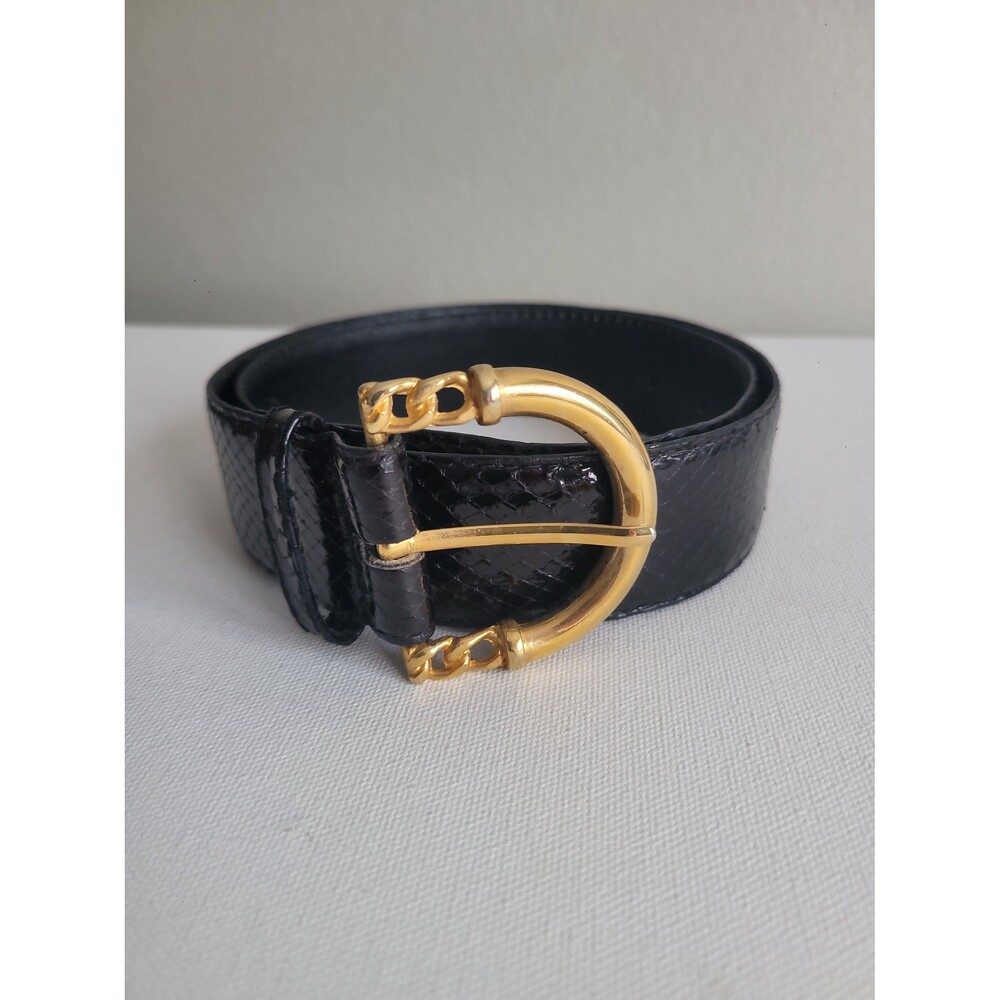 Vintage Black Snake Embossed Leather Belt Womens Sz M